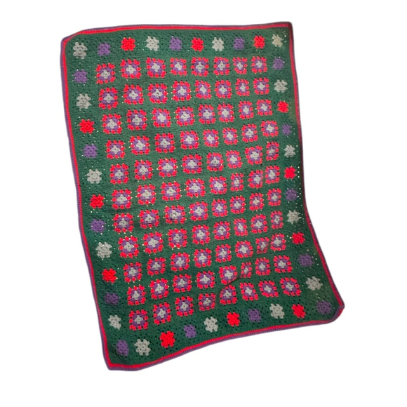 Vintage Crocheted Afghan Blanket Throw Flower GrannySquares Purple Green 43”